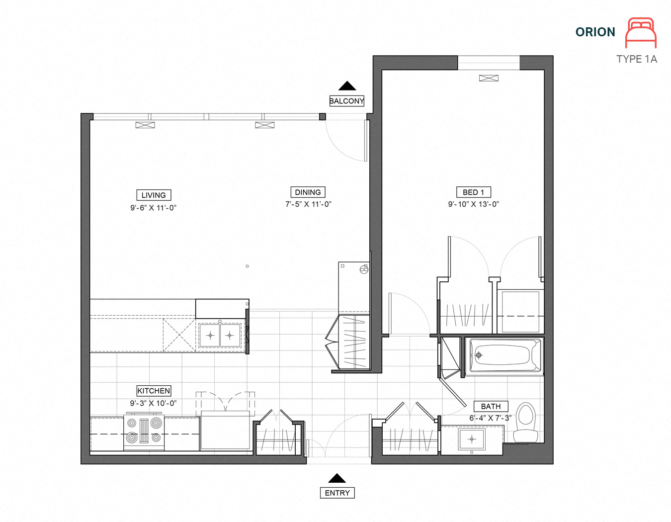 Floor plan for 1 bed, 1 bath, 646 sqft